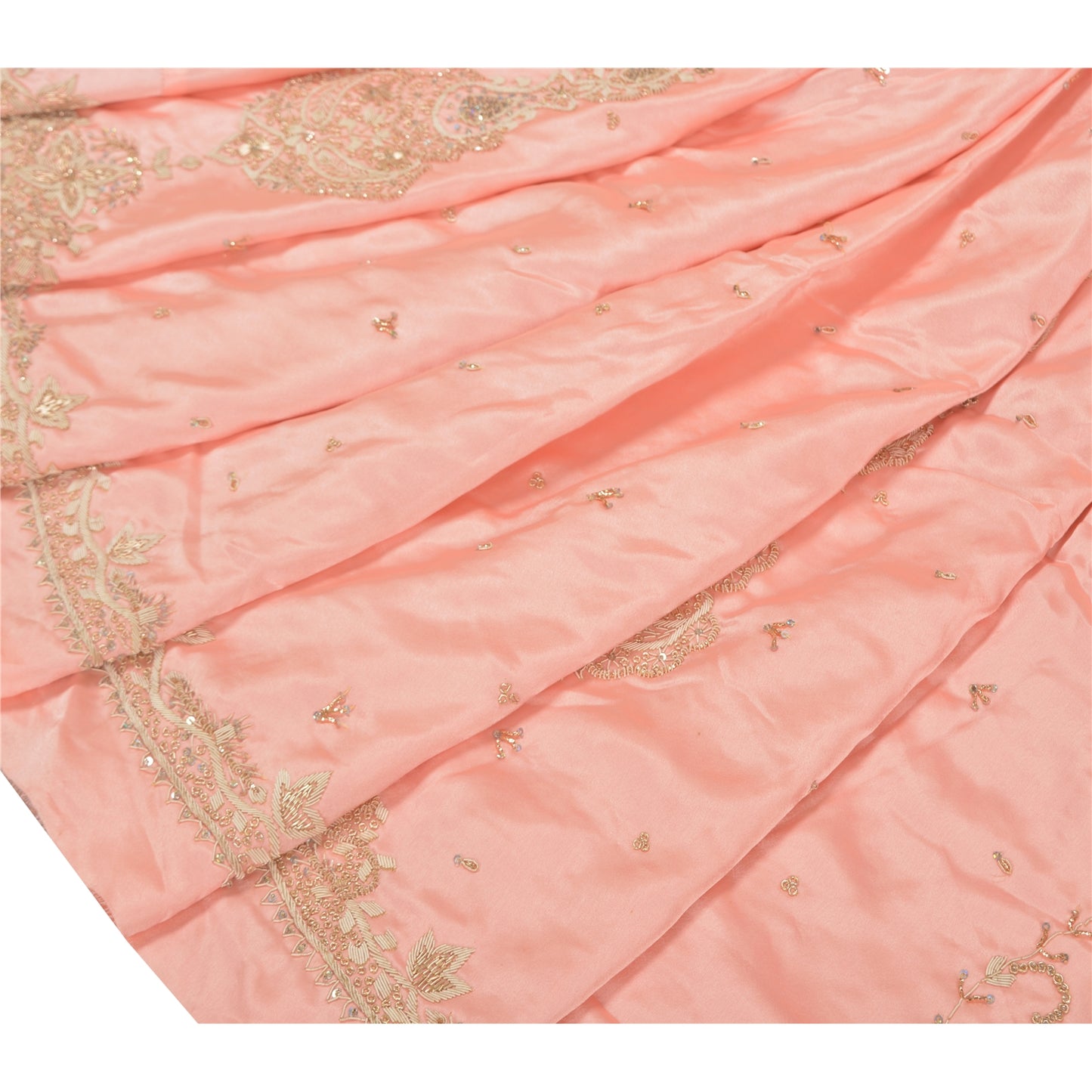 Sanskriti Vintage Long Skirt Pure Satin Silk Peach Handmade Unstitched Lehenga