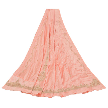 Sanskriti Vintage Long Skirt Pure Satin Silk Peach Handmade Unstitched Lehenga