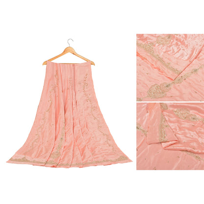Sanskriti Vintage Long Skirt Pure Satin Silk Peach Handmade Unstitched Lehenga
