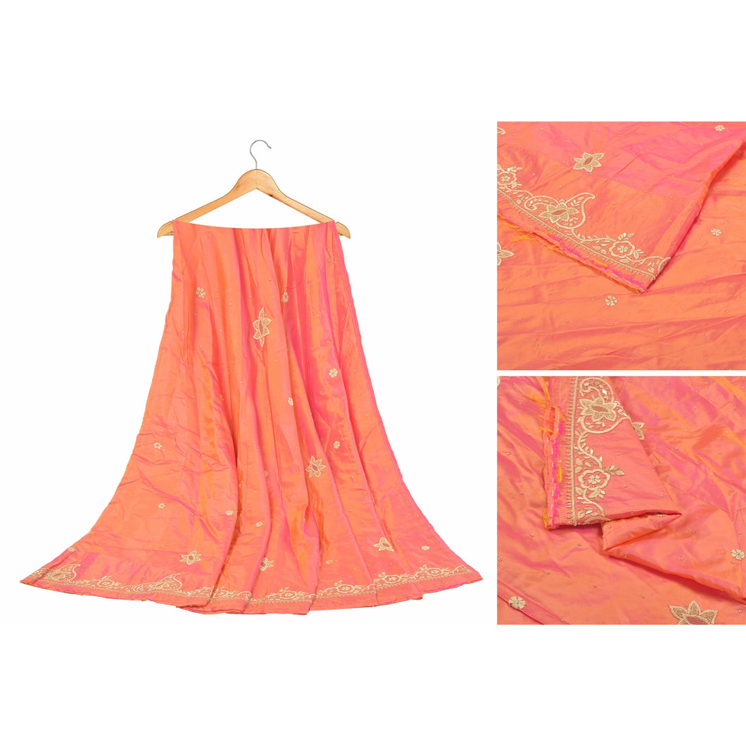 Sanskriti Vintage Long Skirt Pure Silk Peach Hand Embroidered Unstitched Lehenga