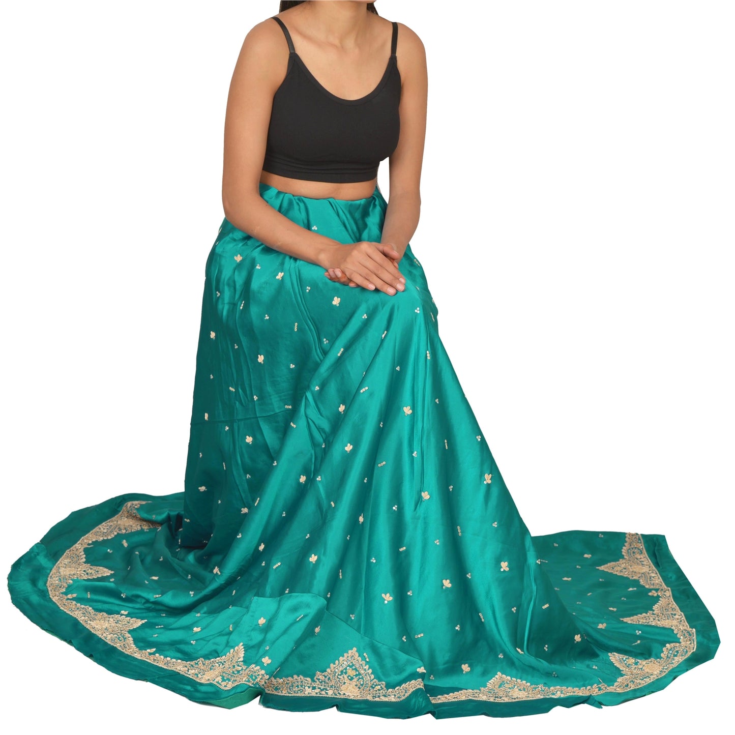 Sanskriti Vintage Long Skirt Pure Satin Silk Green Handmade Unstitched Lehenga