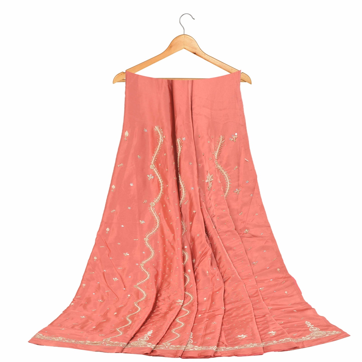Sanskriti Vintage Long Skirt Pure Satin Silk Peach Handmade Unstitched Lehenga