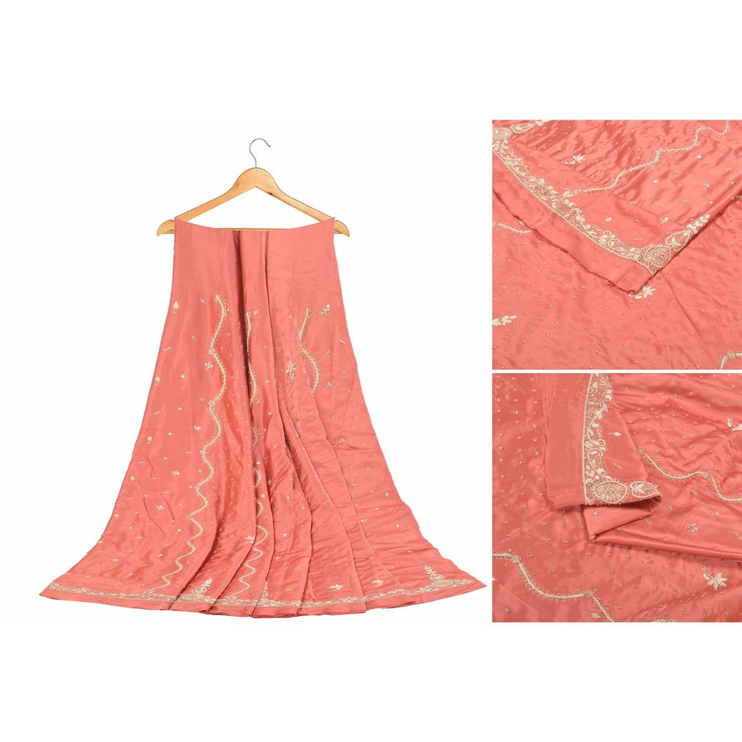 Sanskriti Vintage Long Skirt Pure Satin Silk Peach Handmade Unstitched Lehenga