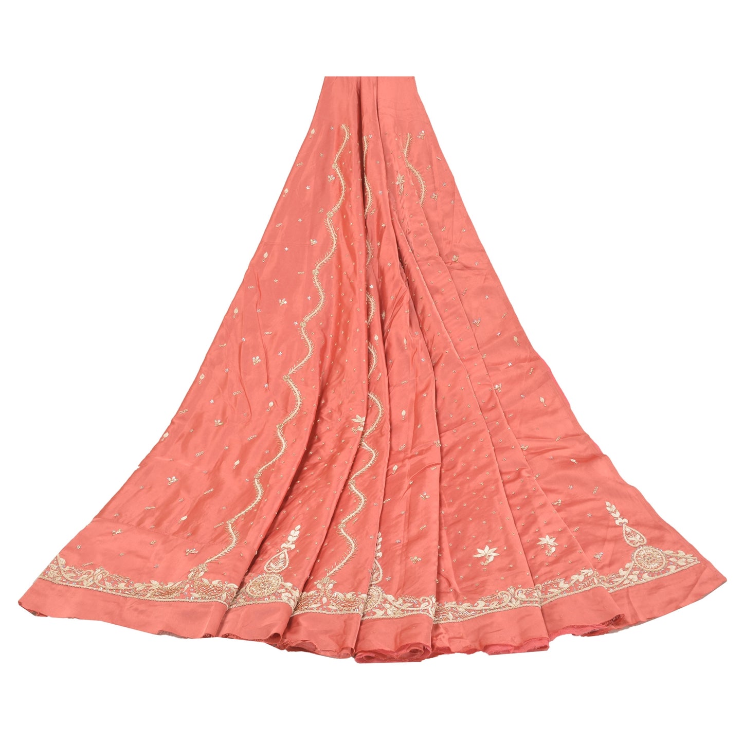 Sanskriti Vintage Long Skirt Pure Satin Silk Peach Handmade Unstitched Lehenga
