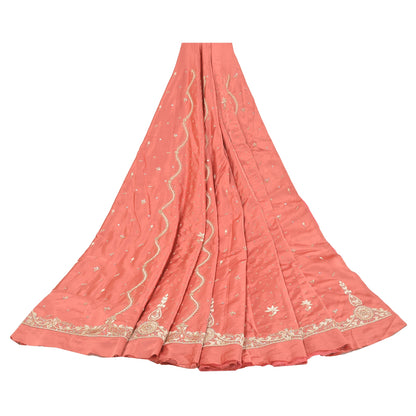 Sanskriti Vintage Long Skirt Pure Satin Silk Peach Handmade Unstitched Lehenga