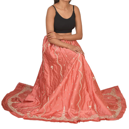 Sanskriti Vintage Long Skirt Pure Satin Silk Peach Handmade Unstitched Lehenga