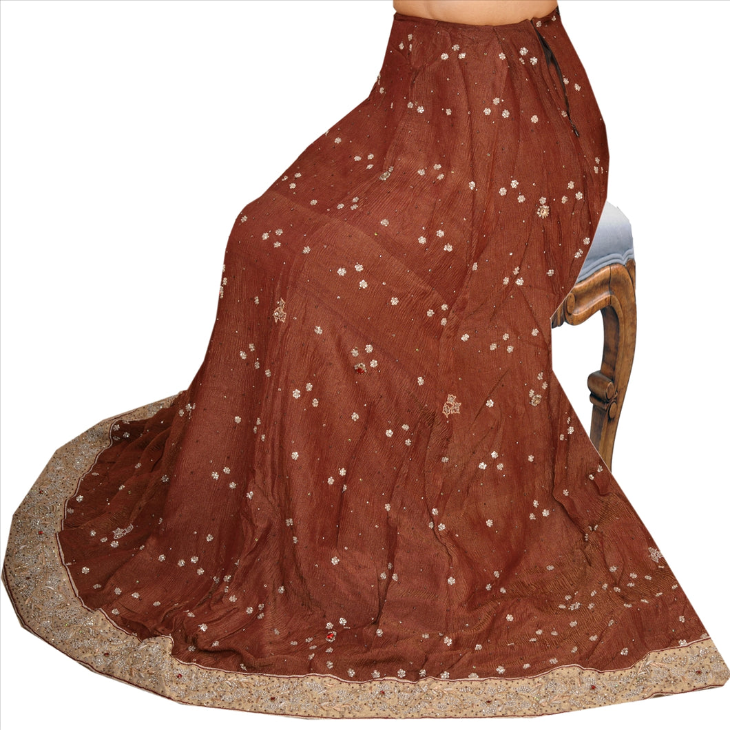 Vintage Indian Bollywood Women Long Skirt Hand Beaded Brown S Size Lehenga
