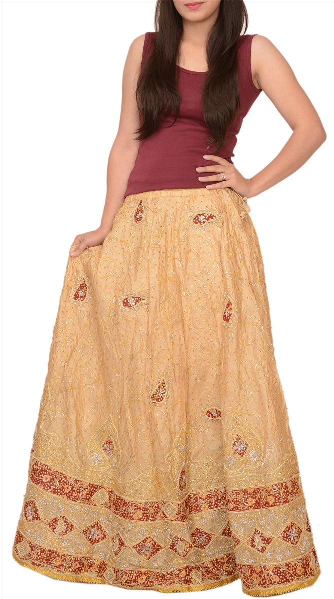 Vintage Indian Bollywood Women Long Skirt Hand Beaded Cream S Size Lehenga