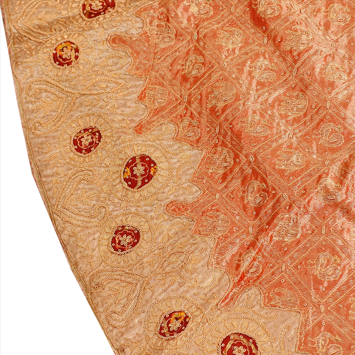 Sanskriti Vintage Red Tissue Silk Long Skirt Hand Beaded Zardozi Brocade L Size L Size