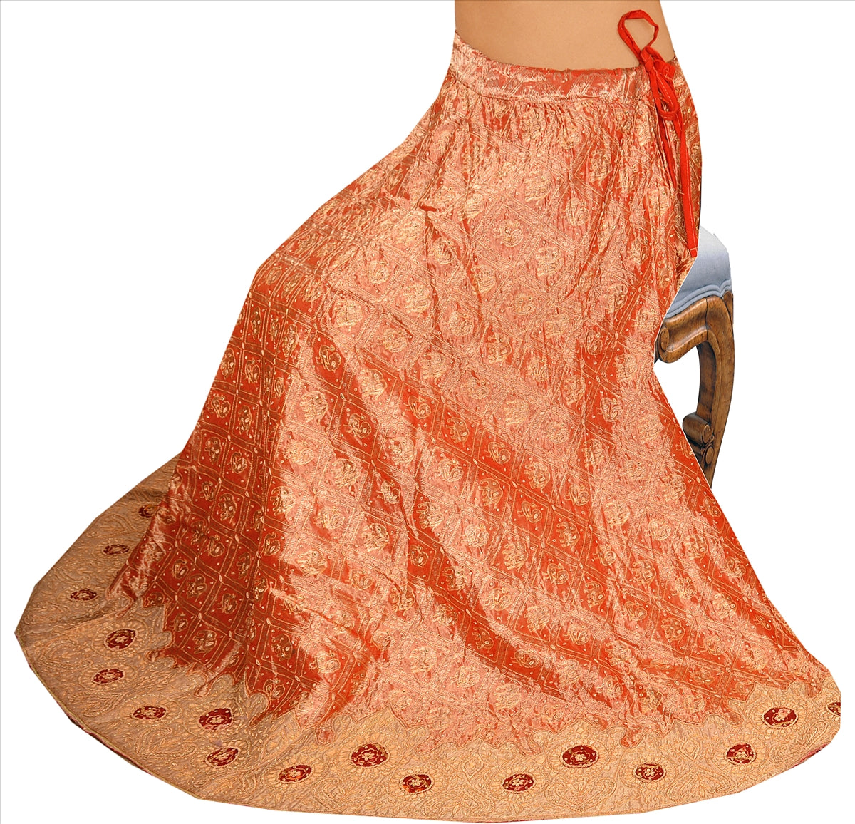 Sanskriti Vintage Red Tissue Silk Long Skirt Hand Beaded Zardozi Brocade L Size L Size