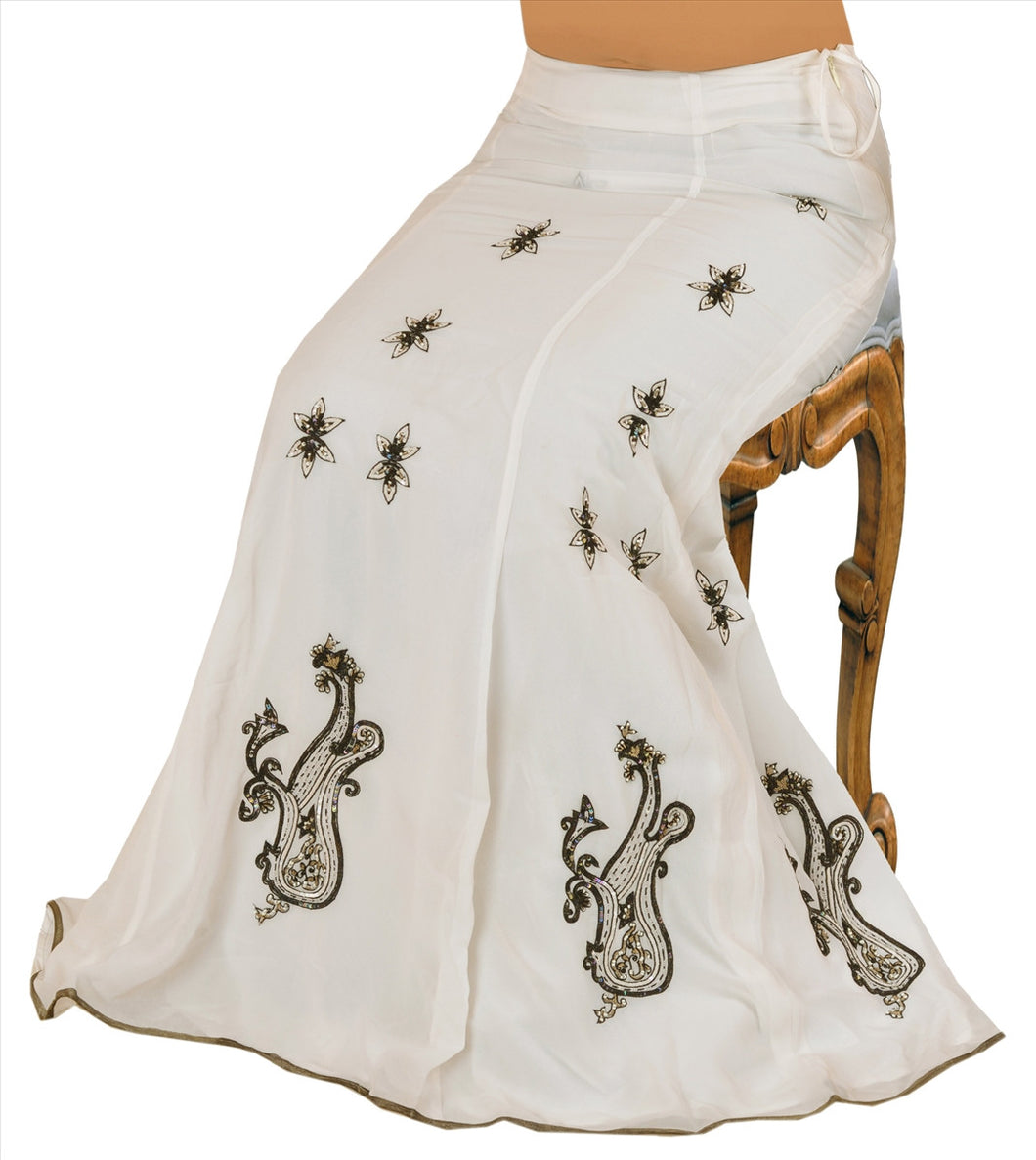 Vintage Indian Bollywood Women Long Skirt Hand Beaded White S Size Lehenga