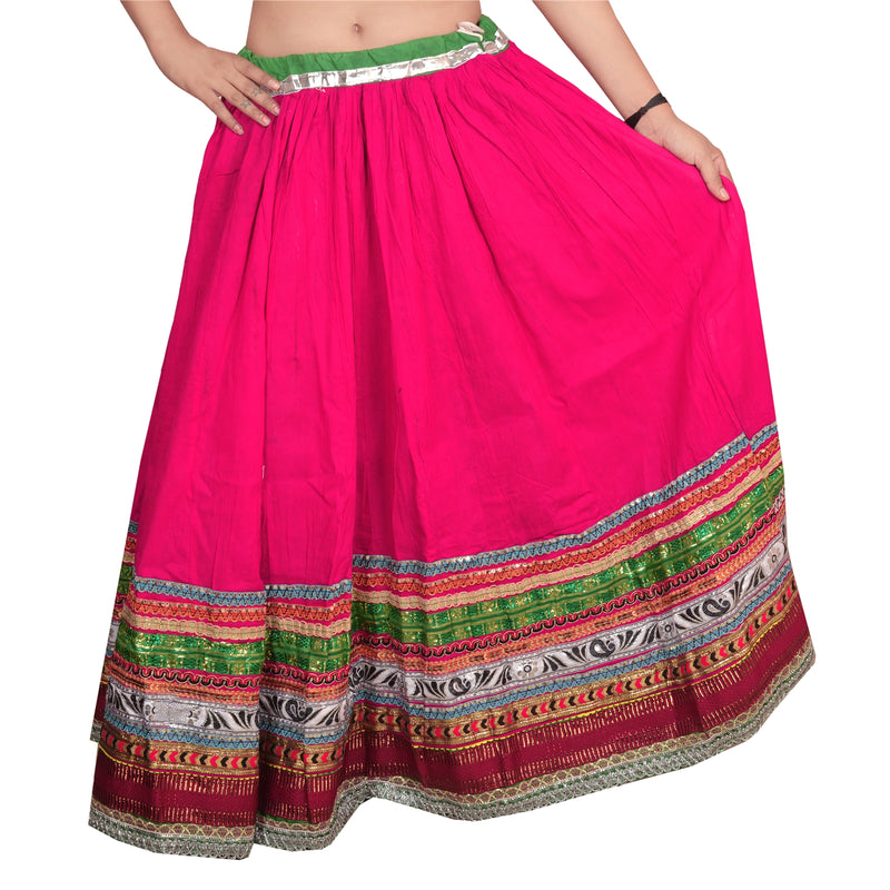 Sanskriti New Pink Cotton Long Skirt Embroidered Lace Work Partywear Wedding