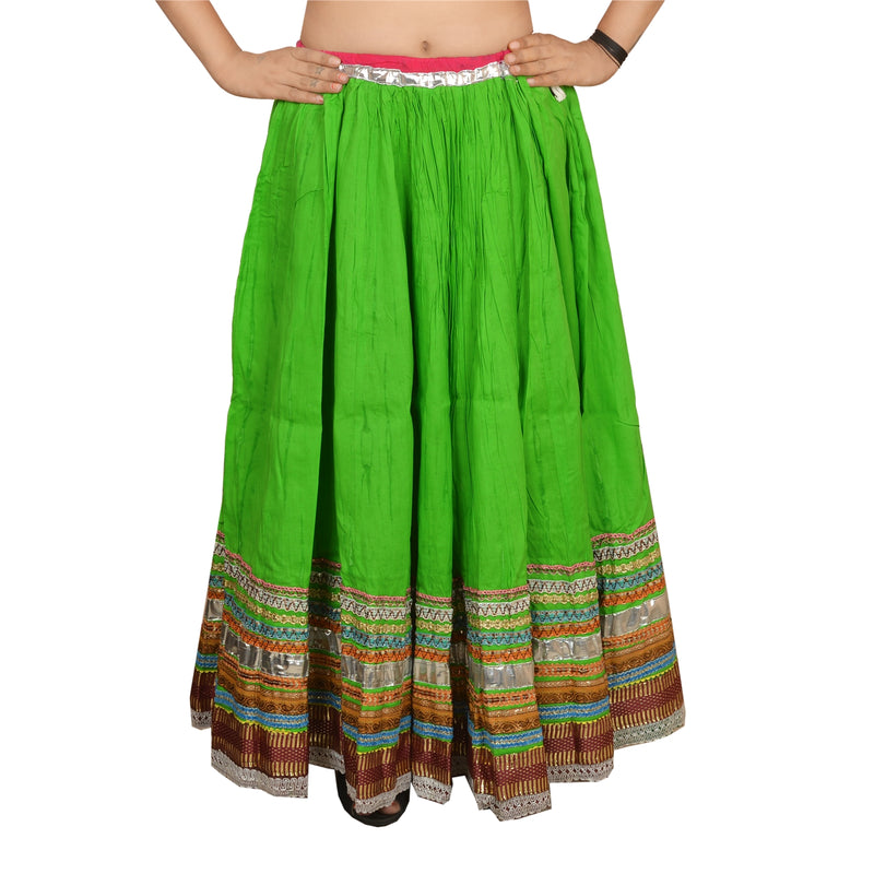 Sanskriti New Green Cotton Skirt Embroidered Lace Work Partywear Women Dressing