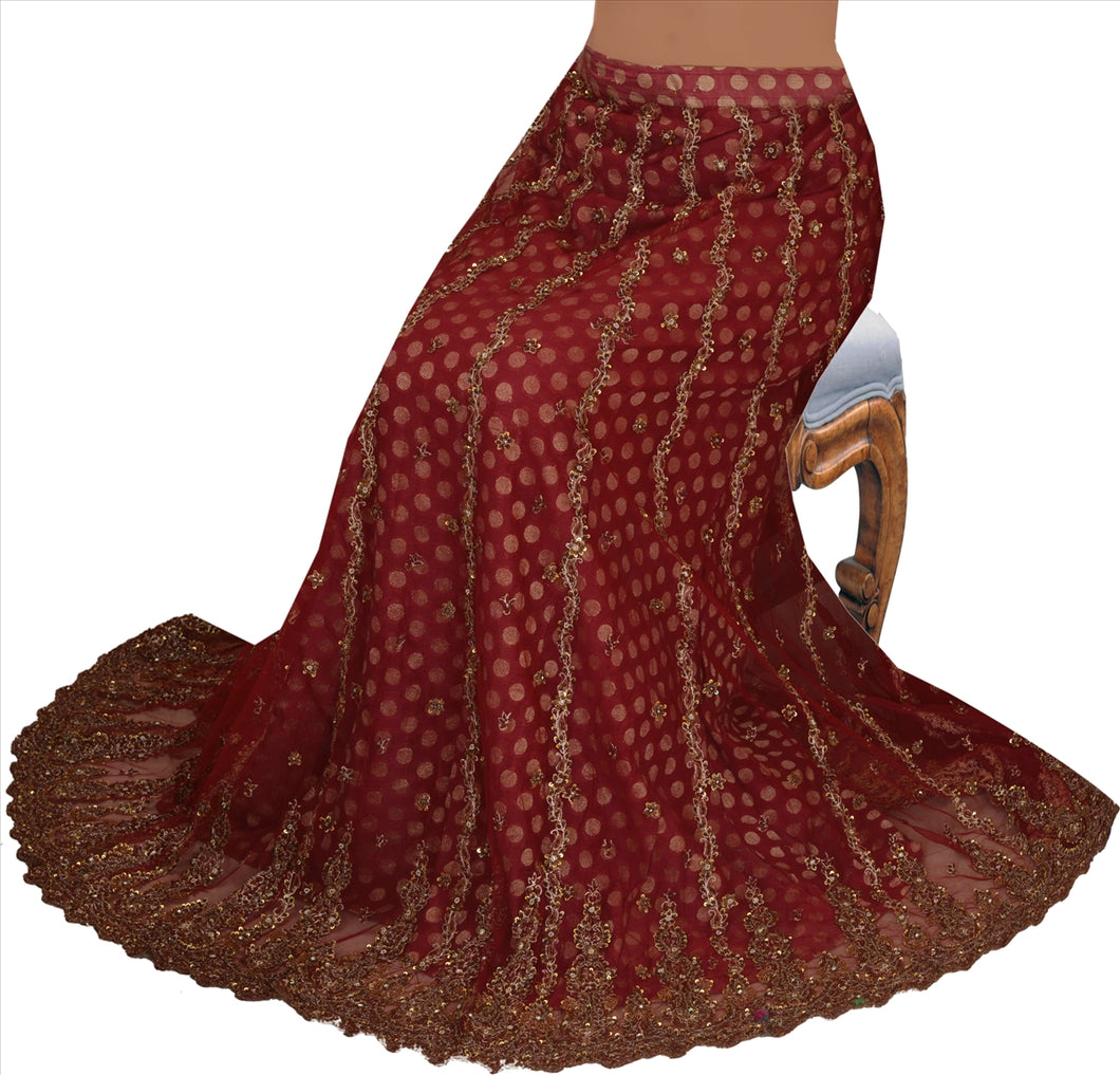 Vintage Indian Bollywood Women Long Skirt Hand Beaded Maroon L Size Lehenga