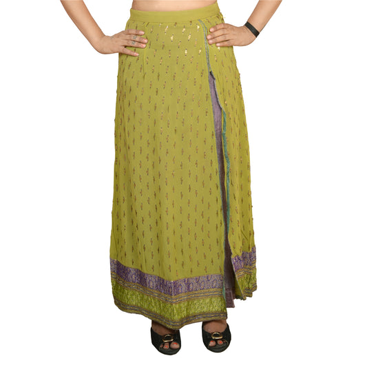 Sanskriti Vintage Hand Beaded Lehenga Indian Georgette Long Skirt Green Party Sequins