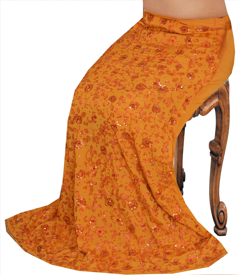Sanskriti Vintage Saffron Pure Crepe Silk Skirt Indian Bollywood Women Long Hand Beaded Sequins Rhinestone Work M Size Lehenga