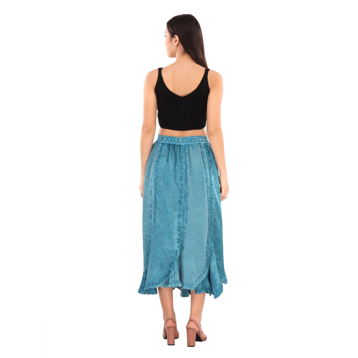 Sanskriti Vintage Skirts N Scarves Long Blue Midi Length Embroidered Rayon Pull On Closure Flared Skirt