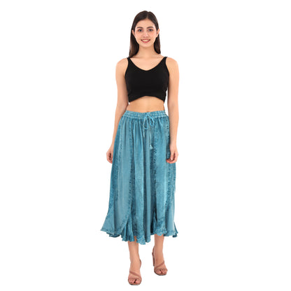 Sanskriti Vintage Skirts N Scarves Long Blue Midi Length Embroidered Rayon Pull On Closure Flared Skirt