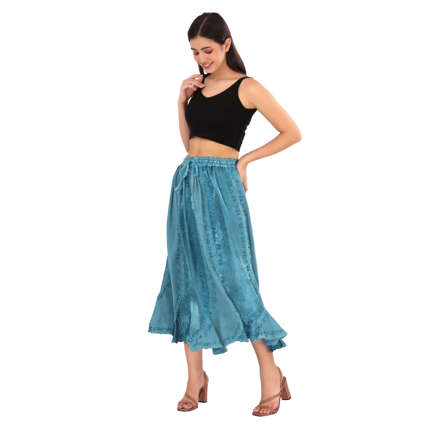 Sanskriti Vintage Skirts N Scarves Long Blue Midi Length Embroidered Rayon Pull On Closure Flared Skirt