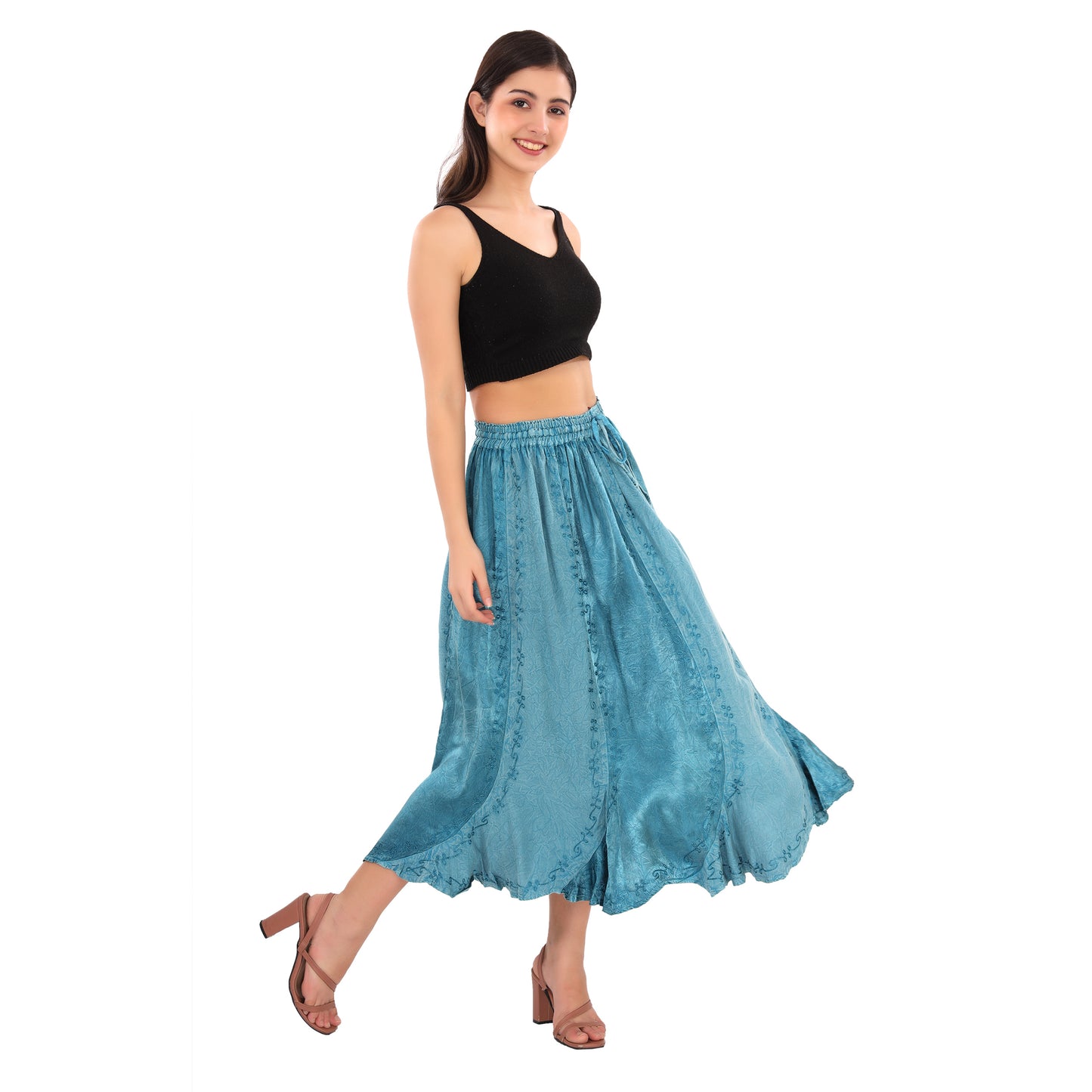 Sanskriti Vintage Skirts N Scarves Long Blue Midi Length Embroidered Rayon Pull On Closure Flared Skirt