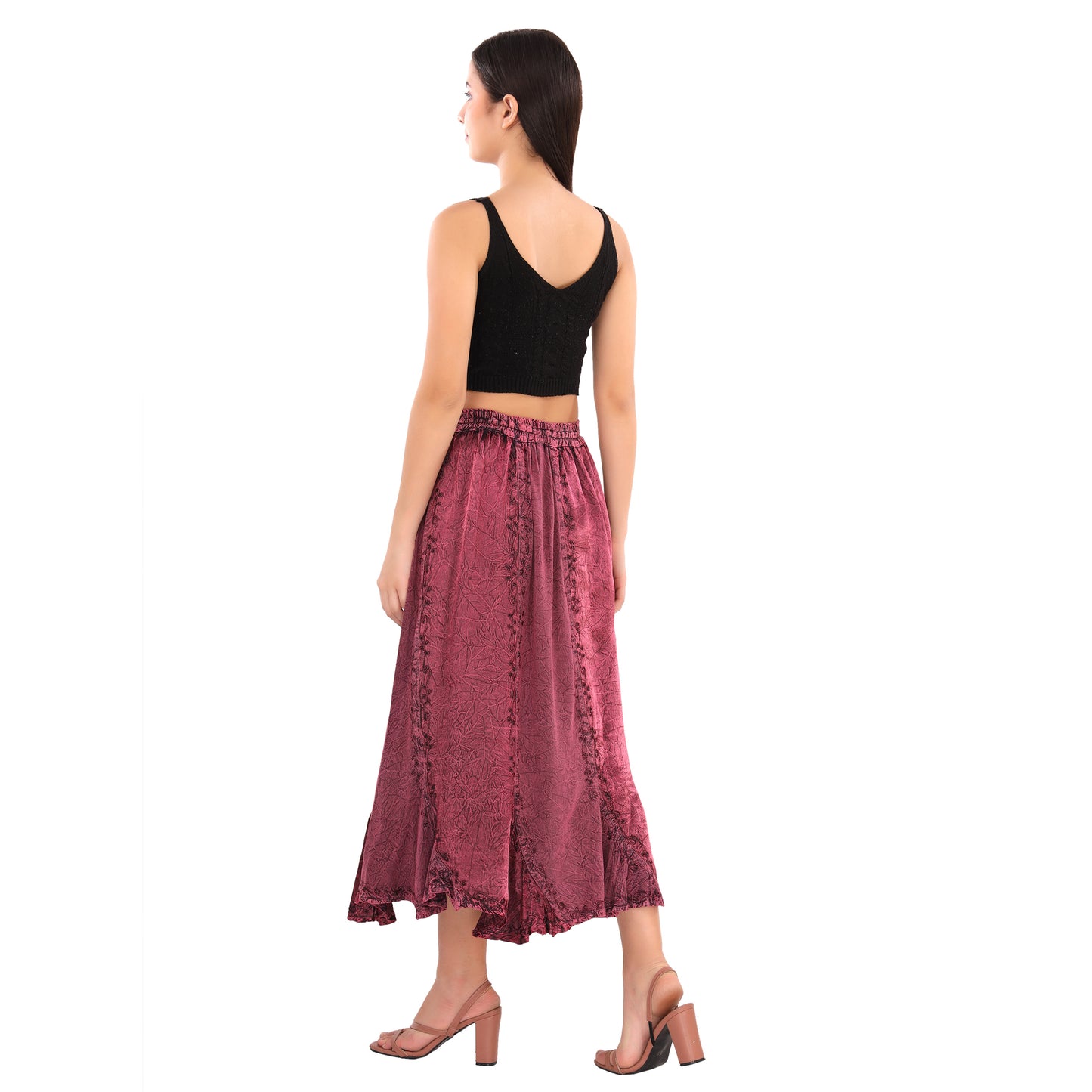 Sanskriti Vintage Skirts N Scarves Long Blue Midi Length Embroidered Rayon Pull On Closure Flared Skirt