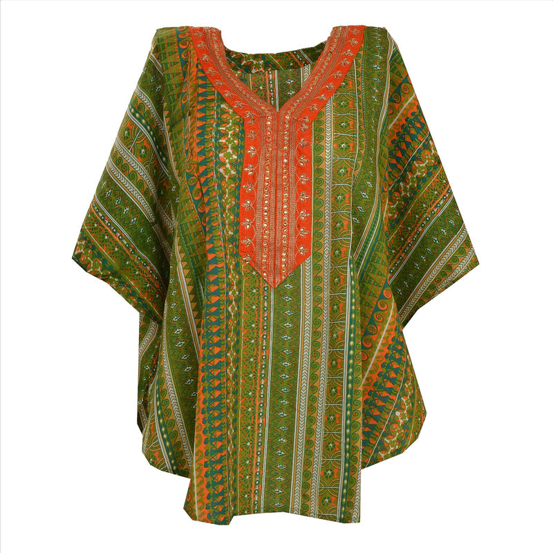 Sanskriti Vinatage Sanskriti New Cotton Hand Beaded Caftan Kaftan Top Shirt Green Rhinestone