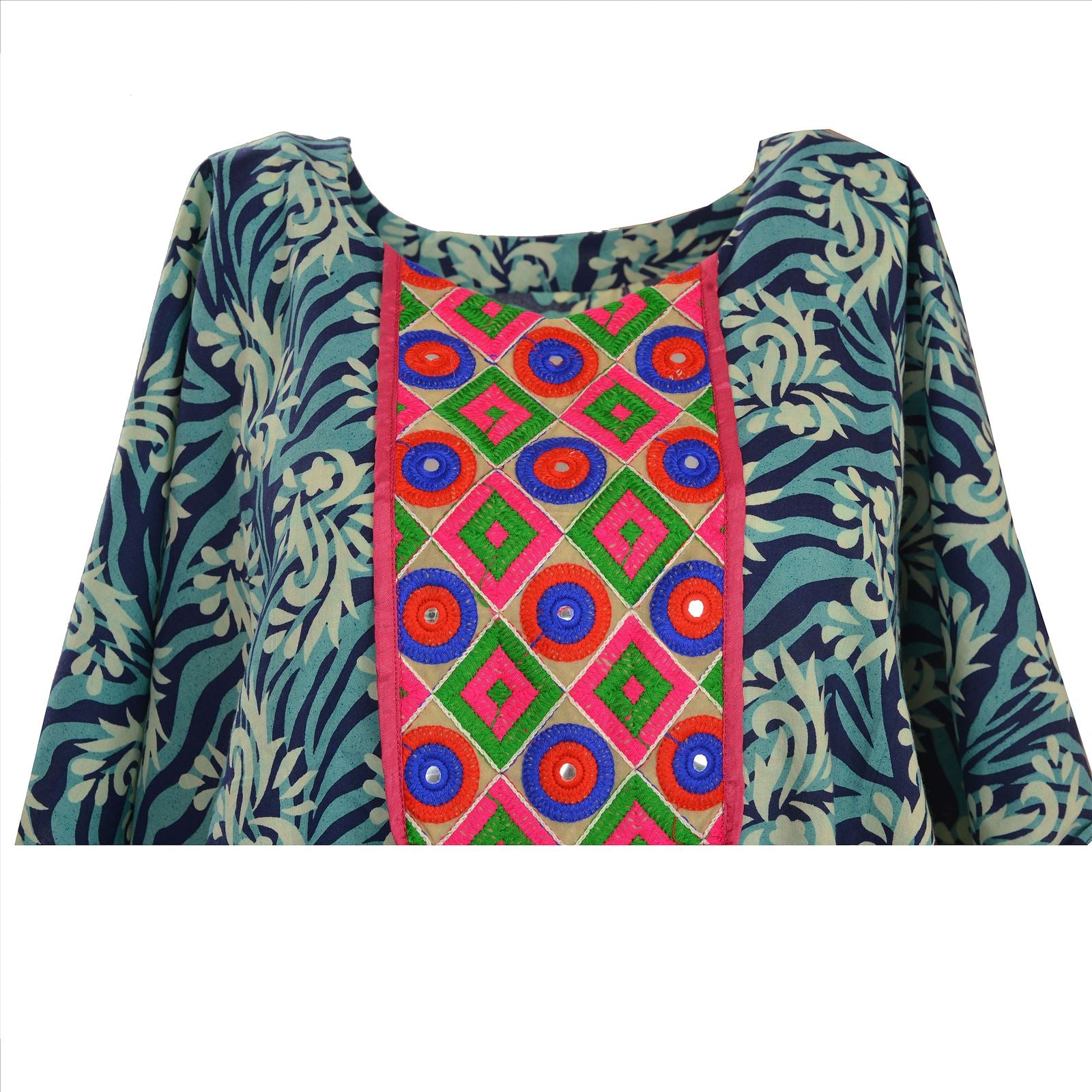 Sanskriti Vinatage Sanskriti New Cotton Hand Embroidered Caftan Kaftan Top Shirt Blue Mirror Blue