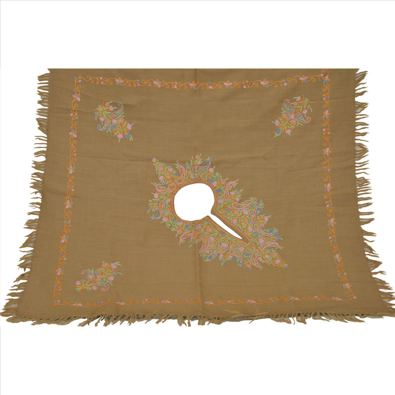 Sanskriti Vintage Sanskriti Pashmina Pure Wool Hand Embroidered Arizama Poncho Top Heena Green