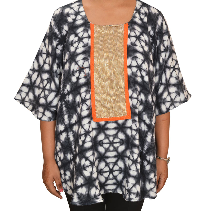 Sanskriti Vinatage Sanskriti New Cotton Tie & Dye Embroidered Caftan Kaftan Top Shirt Sequins Black