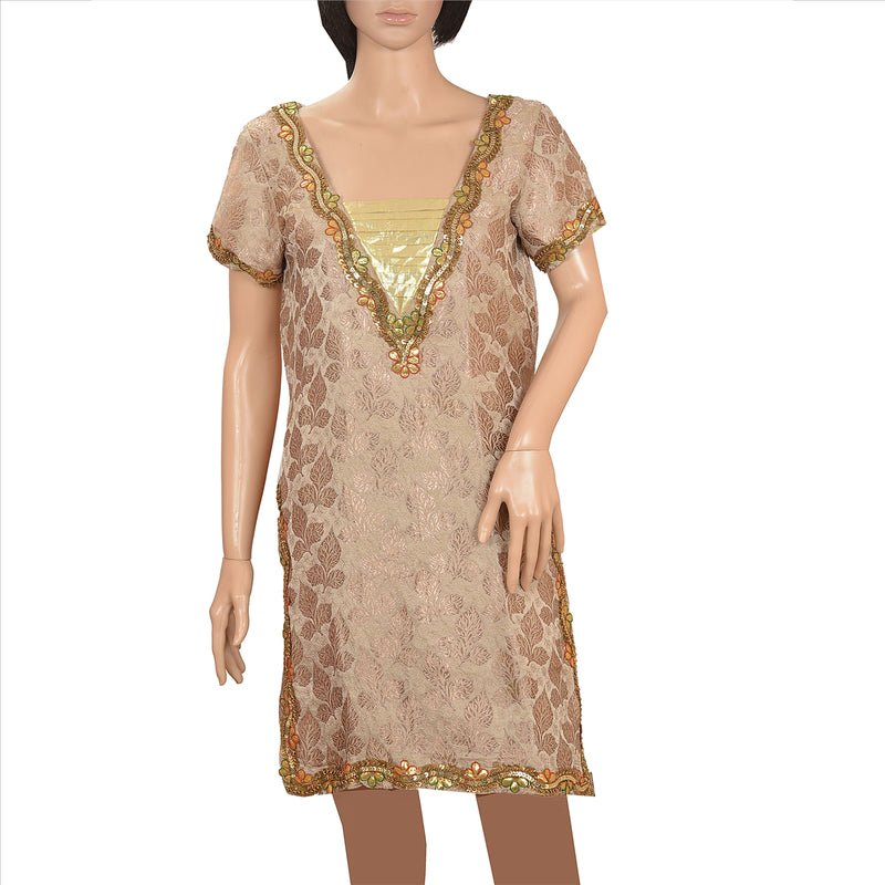 Sanskriti Vintage Satin Vævet Lang Top Kurta Blomster Gota Pailletter Arbejde Beige