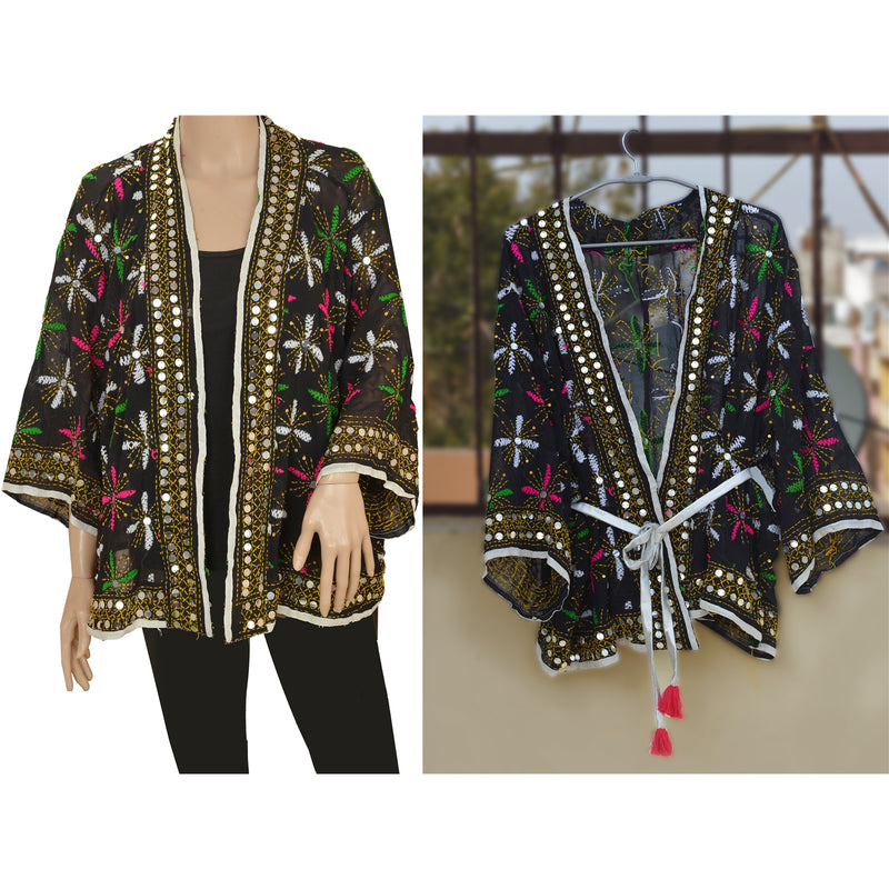 Sanskriti Vintage Phulkari kaftan Shrug Top with Tassel Belt Upcycled Sari Clothing Sustainable Fashion