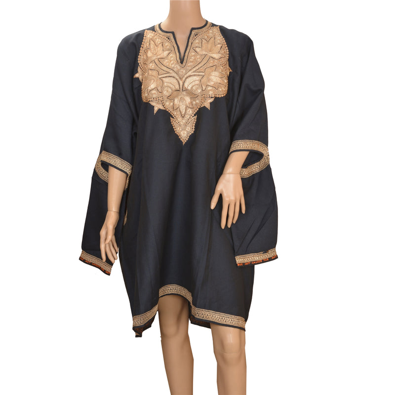 Sanskriti Vintage Sustainable Fabric Hand Embroidered Wool Blend Kashmiri Long Top Real Silver Zari