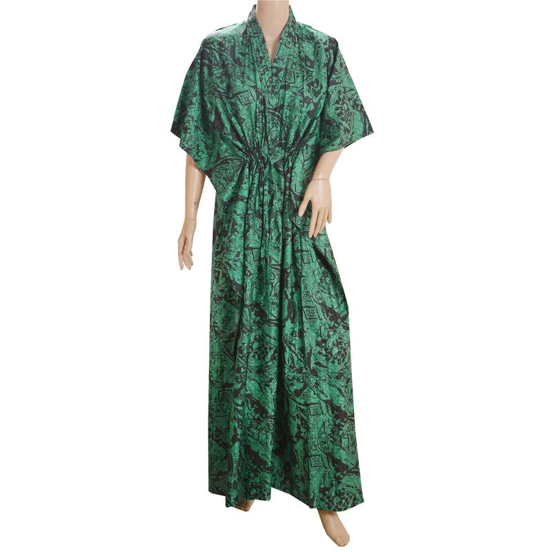 Sanskriti Vintage Caftan Printed Pure Silk Kaftan Green Style Long Top Floral
