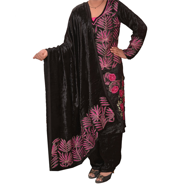 Sanskriti Vintage Sustainable Fabric Velvet Hand Embroidered Dress Kurti Stole Set Black