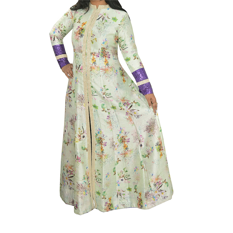 Sanskriti Vintage bæredygtigt stof bomuldsblanding håndperlet lang top Kurta kaftan kjole