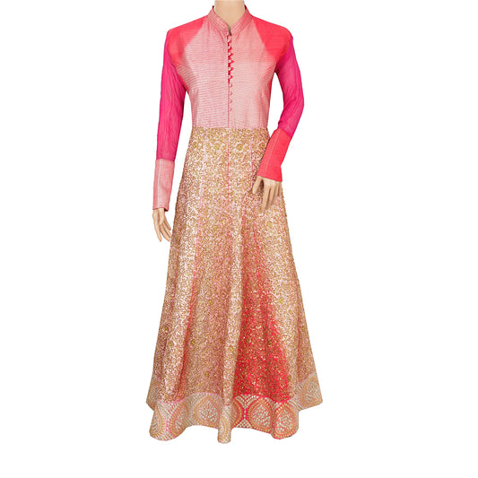 Sanskriti Vintage Sustainable Fabric Cotton Hand Beaded Style Long Top Dress Gown Pink
