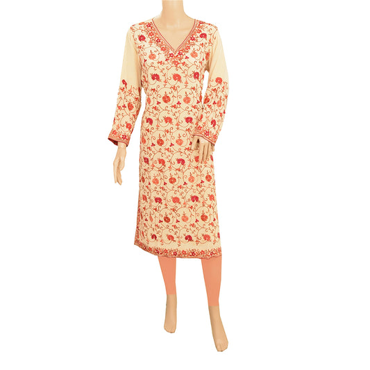Sanskriti Vintage Crepe Silk Hand Embroidered Aarizama Long Top Kurta Cream