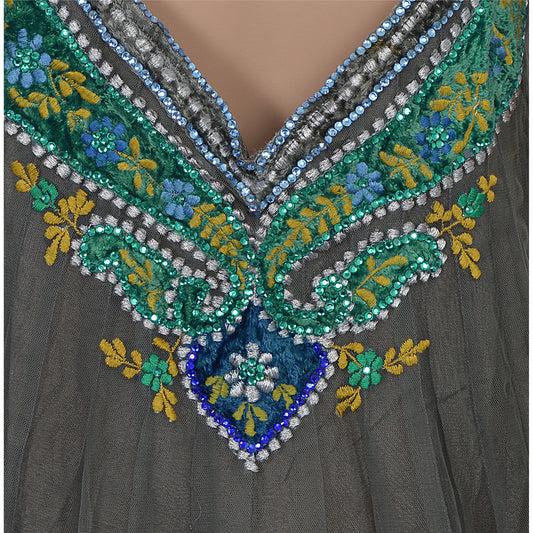 Sanskriti Vintage Sustainable Fabric Net Hand Beaded Style Long Top Dress Grey Rhinestone
