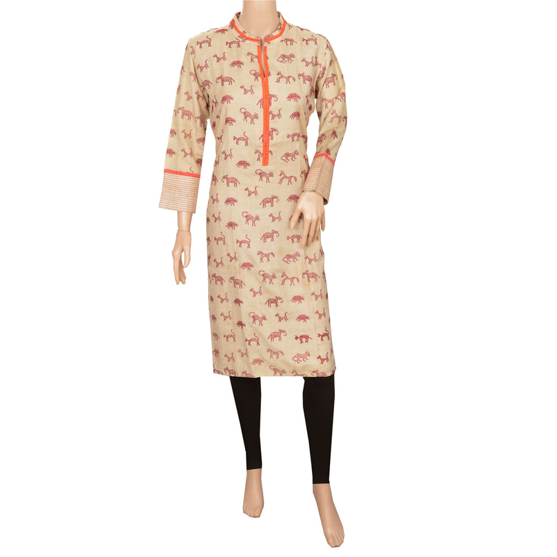 Sanskriti Vintage Khandi Silk Embroidered Long Top Kurta Indian Cream Animal