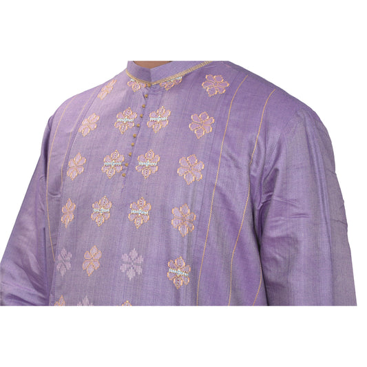 Sanskriti Vintage Indian Men Traditional Silk Blend Hand Beaded Kurta Jacket Sherwani Purple