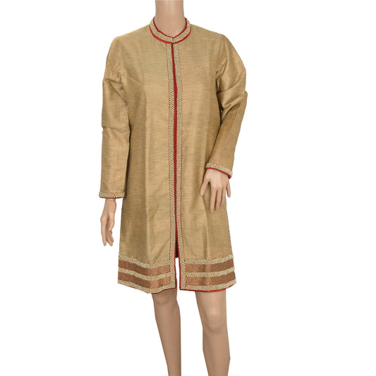 Sanskriti Vintage Sustainable Fabric Pure Silk Hand Beaded Woven Jacket Long Top Cream