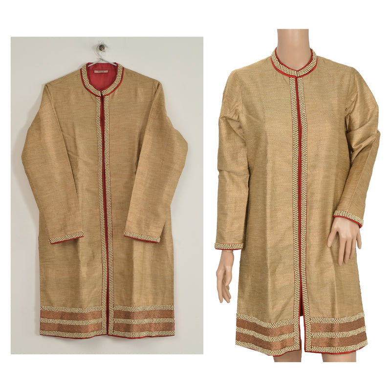Sanskriti Vintage Sustainable Fabric Pure Silk Hand Beaded Woven Jacket Long Top Cream