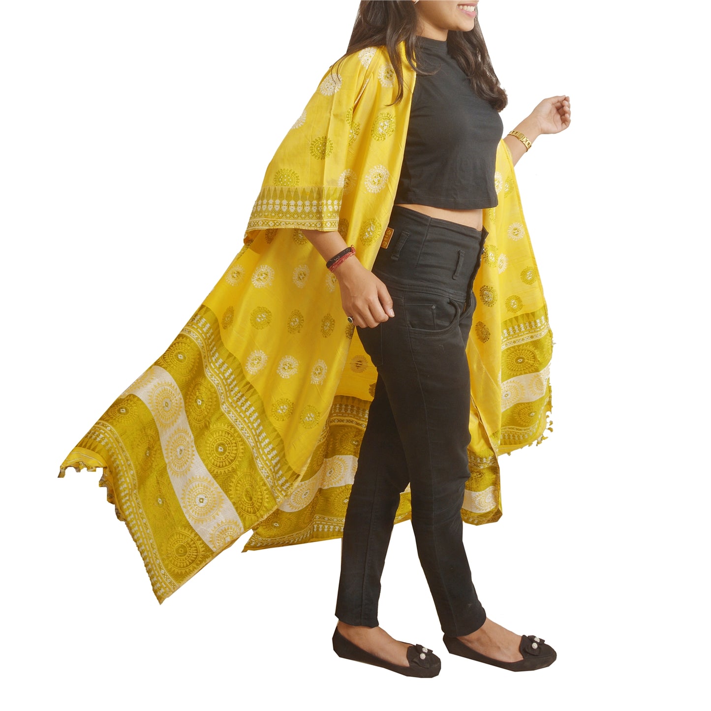Sanskriti Vintage Recycled Yellow Woven Free Size Kimono Shrug from Dupatta