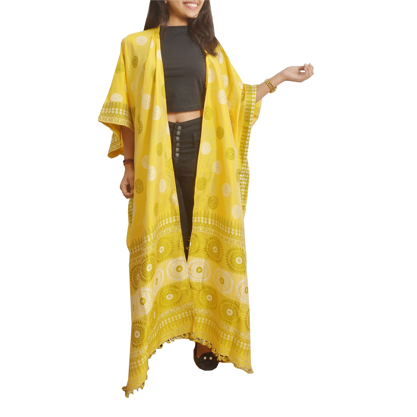 Sanskriti Vintage Recycled Yellow Woven Free Size Kimono Shrug from Dupatta