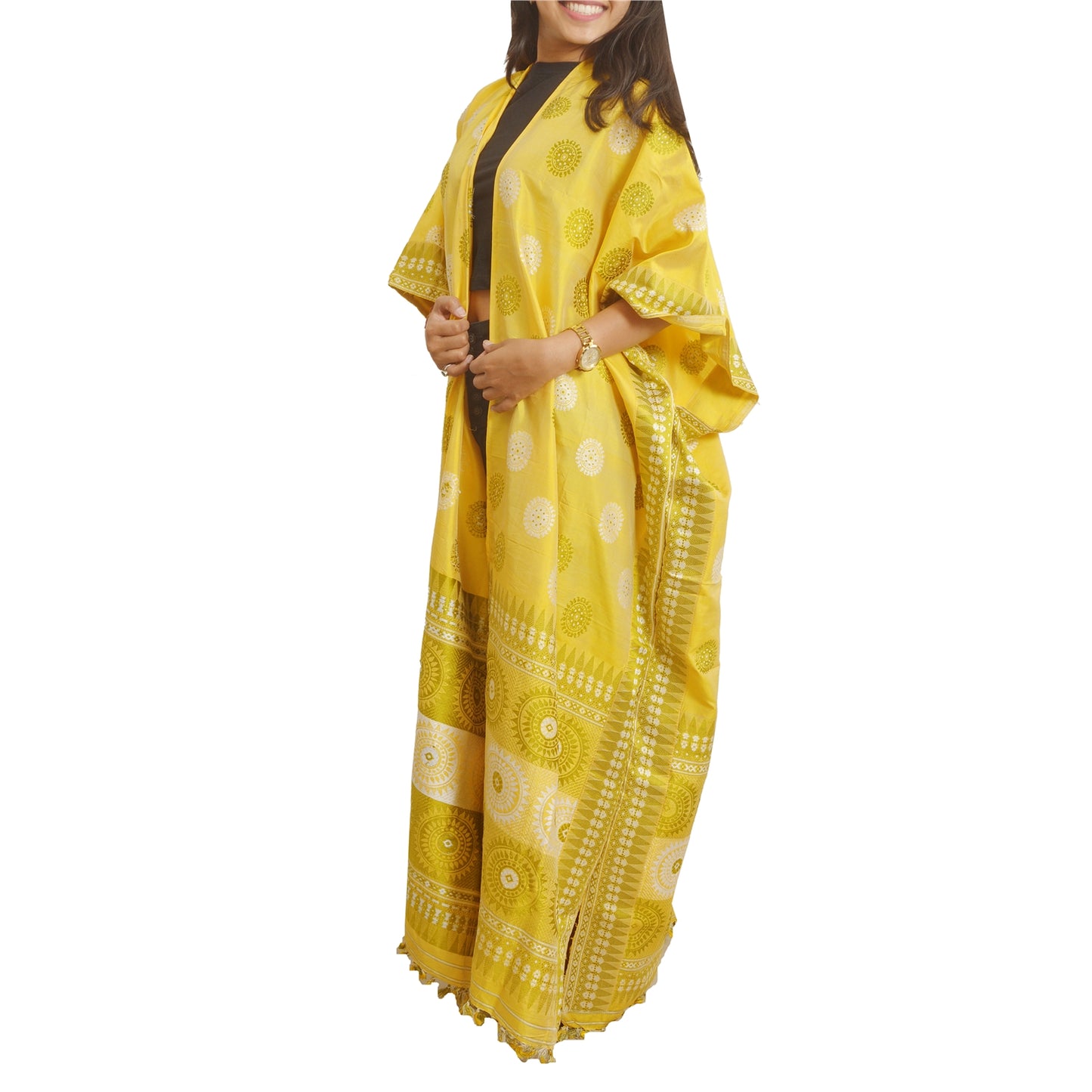 Sanskriti Vintage Recycled Yellow Woven Free Size Kimono Shrug from Dupatta