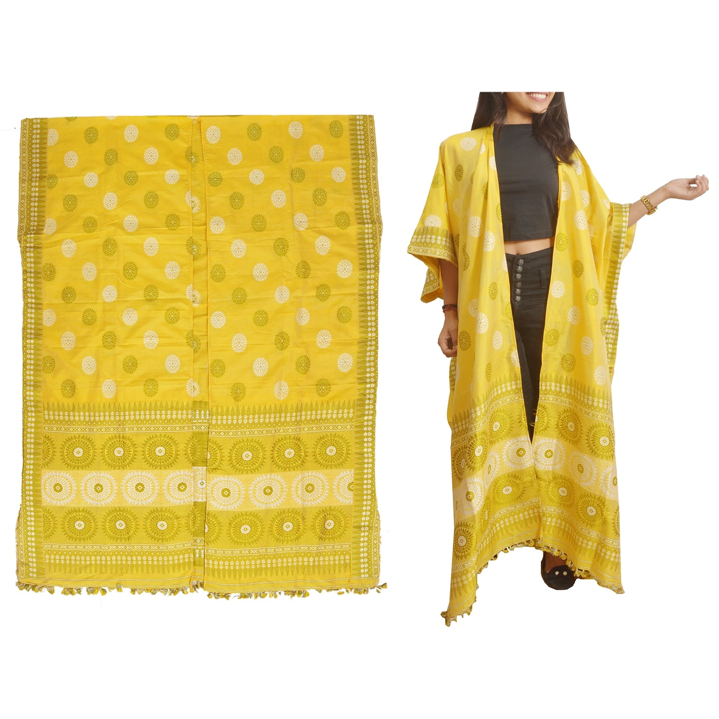 Sanskriti Vintage Recycled Yellow Woven Free Size Kimono Shrug from Dupatta