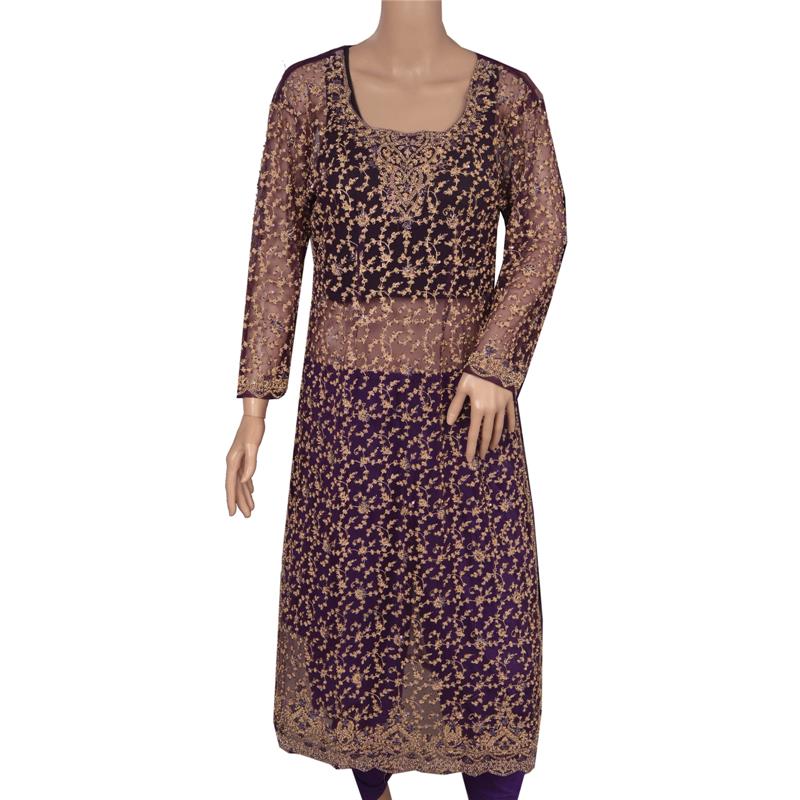 Sanskriti Vintage Pre Owned Net Sustainable Fabric Hand Beaded Purple Long Top Kurta Fashion Zari