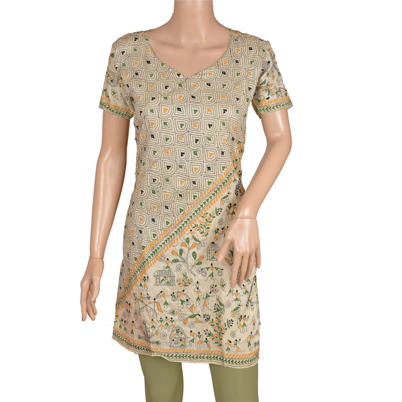 Sanskriti Vintage Pure Silk Hand Embroidered Kantha Jacket Short Top Kurta Cream