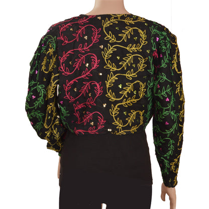 Sanskriti Vintage Sustainable Fabric Pure Chiffon Silk Hand Embroidered Arizama Short Top Jacket Black