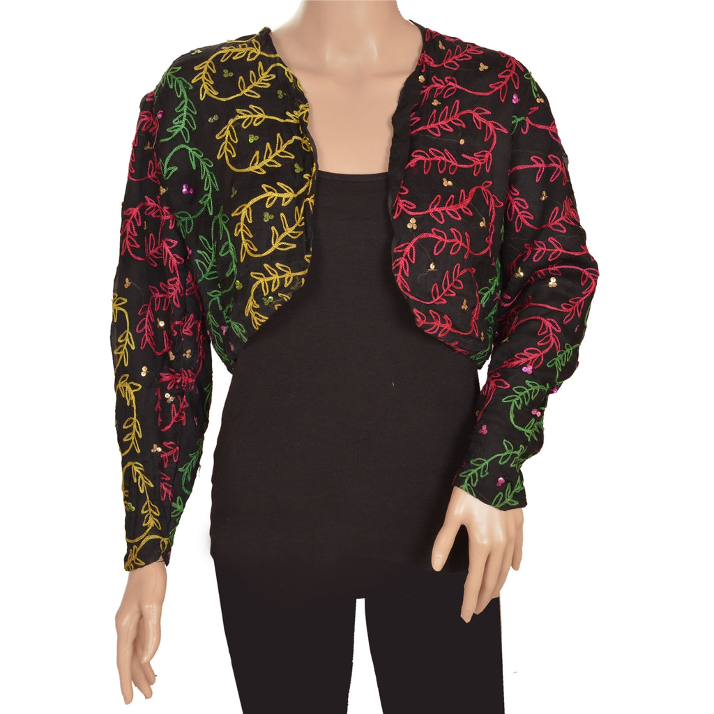 Sanskriti Vintage Sustainable Fabric Pure Chiffon Silk Hand Embroidered Arizama Short Top Jacket Black
